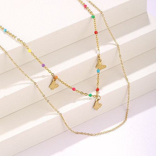 IG Style Hip-Hop-Schmetterlings-Halsketten mit Edelstahlbeschichtung und 18-Karat-Vergoldung, doppellagige Halsketten