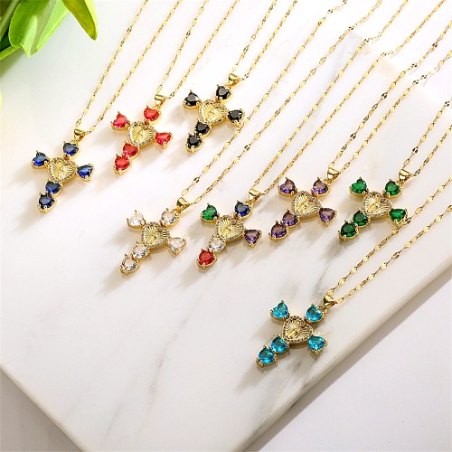 Simple Style Commute Human Cross Heart Shape Stainless Steel  Copper Plating Inlay Zircon Gold Plated Pendant Necklace