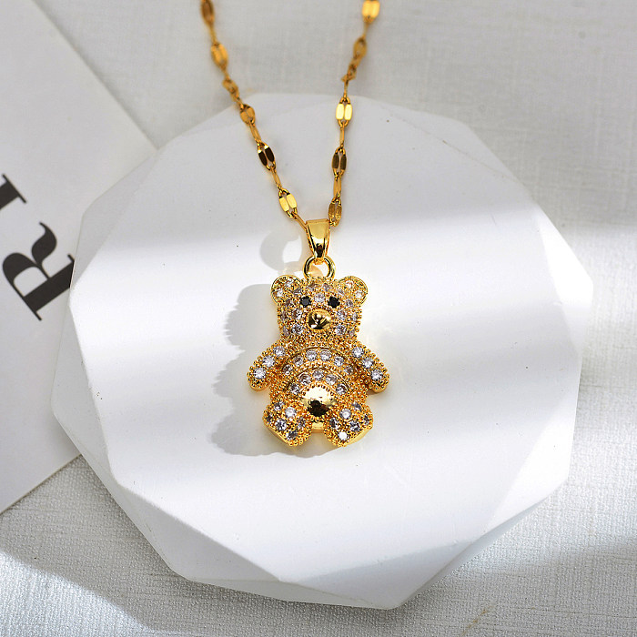 Niedliche Tier-Bär-Anhänger-Halskette aus Edelstahl mit Kupferbeschichtung und Zirkon-18-Karat-Vergoldung