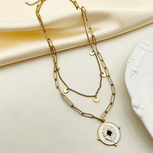 Vacation Modern Style Round Stainless Steel  Metal Enamel Plating Inlay Diamond 14K Gold Plated Layered Necklaces