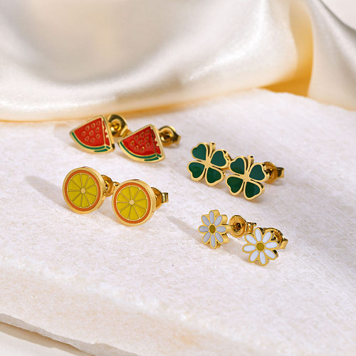 1 Pair Cute Simple Style Four Leaf Clover Fruit Chrysanthemum Epoxy Plating Stainless Steel  18K Gold Plated Ear Studs