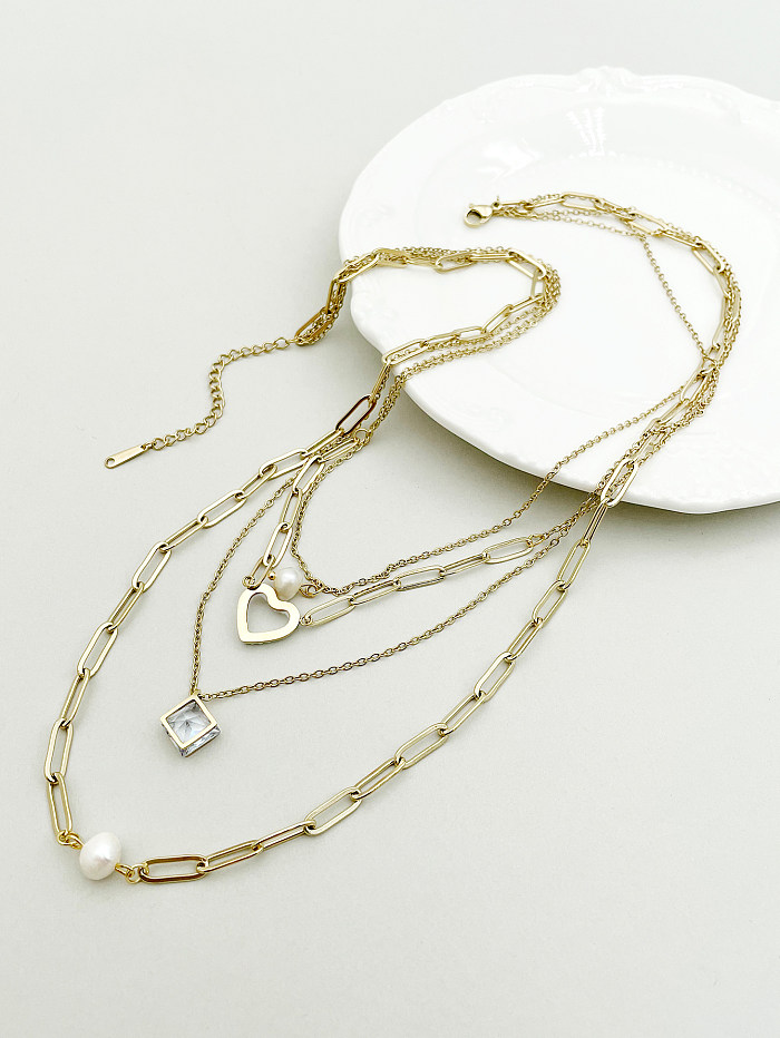 Elegant Artistic Heart Shape Rhombus Stainless Steel  Layered Plating Inlay Pearl Zircon Gold Plated Layered Necklaces