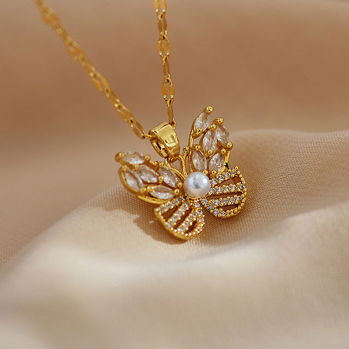 Sweet Simple Style Butterfly Stainless Steel Copper Plating Hollow Out Inlay Pearl Zircon Pendant Necklace