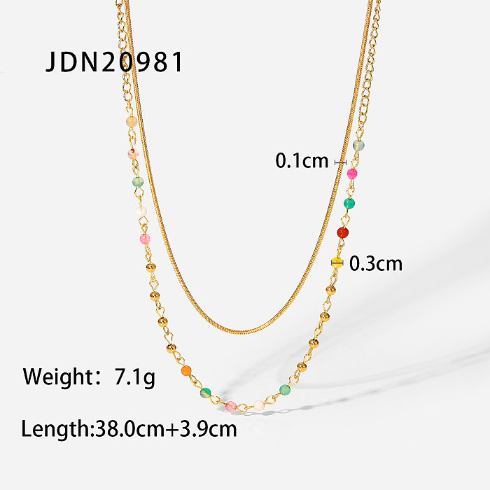 Fashion Colorful Stone Beads 18K Gold Stainless Steel  Ball Bead Snake Chain Double Layer Stainless Steel Necklace