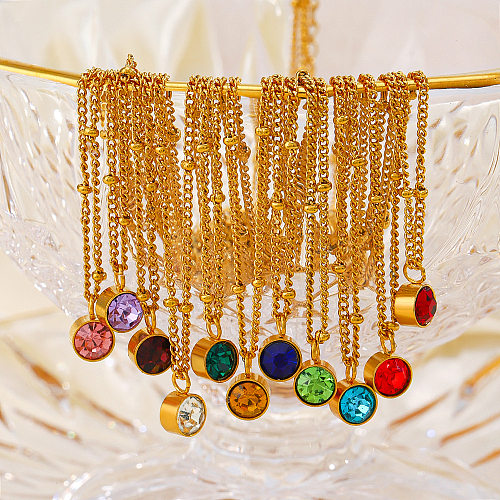 Schlichter Stil, runde Halskette mit Anhänger aus Edelstahl, Edelstahl-Beschichtung, Inlay, Geburtsstein, 18 Karat vergoldet