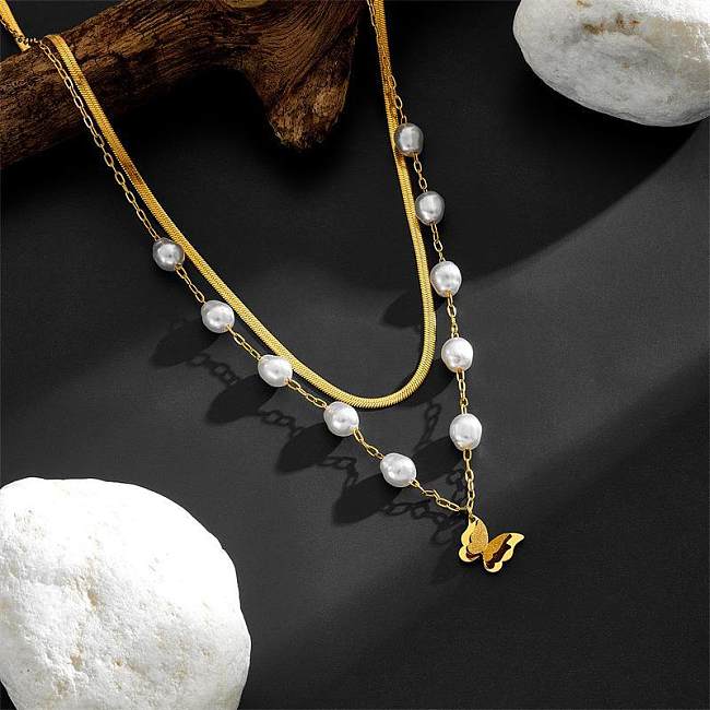 Sweet Butterfly Artificial Pearl Stainless Steel Beaded Plating Layered Necklaces