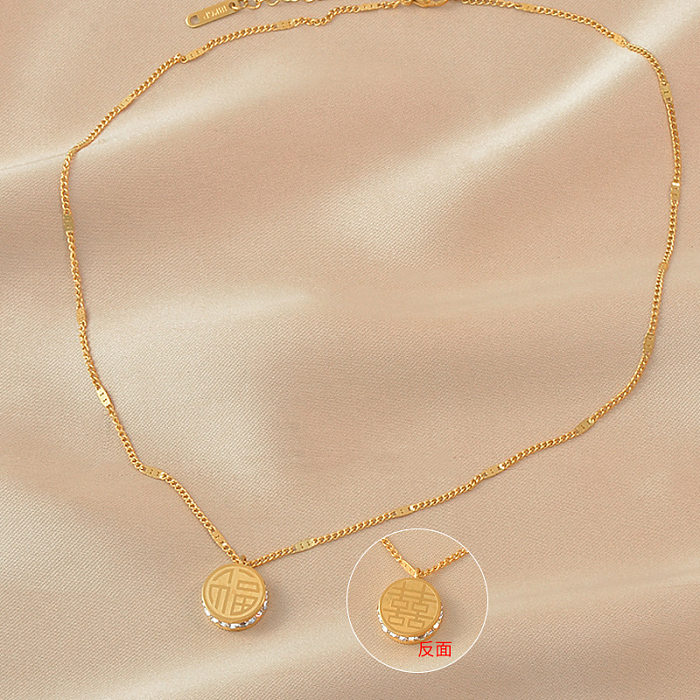 Collier avec pendentif rond en forme de fleur de caractère chinois, Style Simple et doux, incrustation de strass en acier inoxydable, coquille