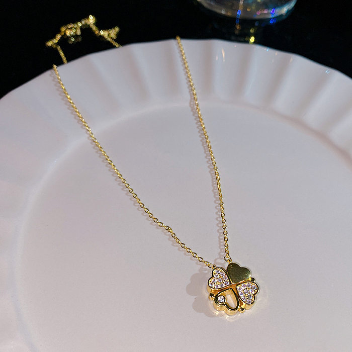 Collier pendentif en forme de cœur, couronne, nœud papillon, incrustation de cuivre en acier inoxydable, Zircon