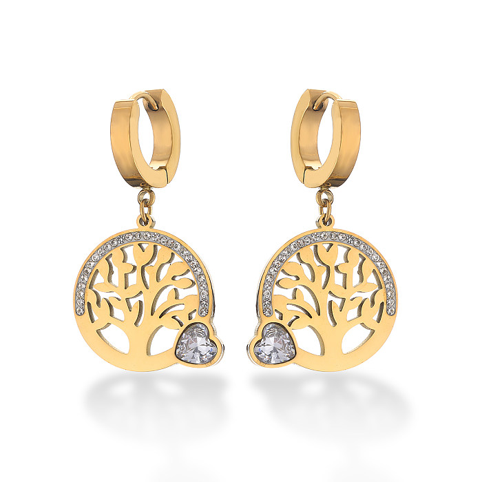 1 Pair Simple Style Commute Bc1035 Lucky Tree Plating Inlay Stainless Steel Zircon 18K Gold Plated Drop Earrings