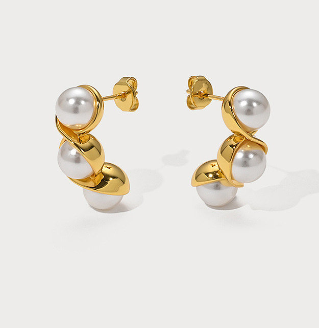 1 par de pendientes de perlas artificiales de acero inoxidable con incrustaciones geométricas de estilo clásico básico