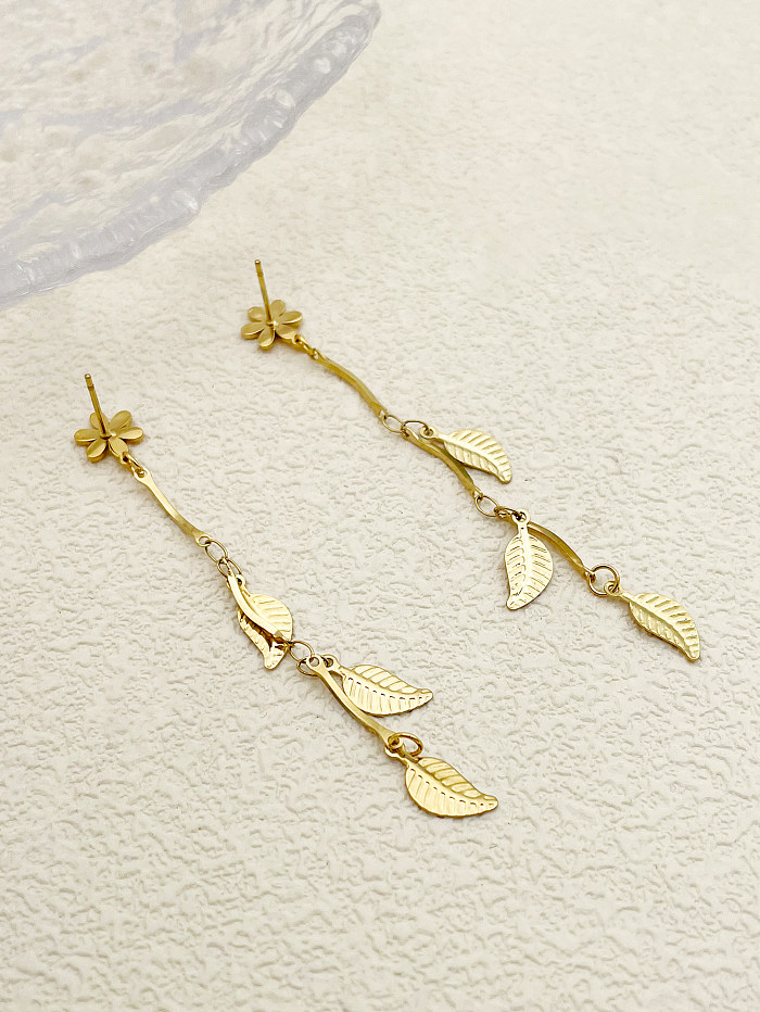 1 Pair Sweet Leaf Flower Plating Stainless Steel  Gold Plated Drop Earrings