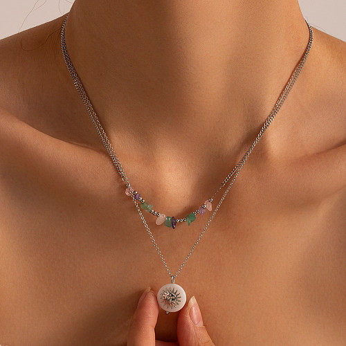 Halskette mit rundem Muschel-Anhänger aus Edelstahl im IG-Stil mit Perlenkette