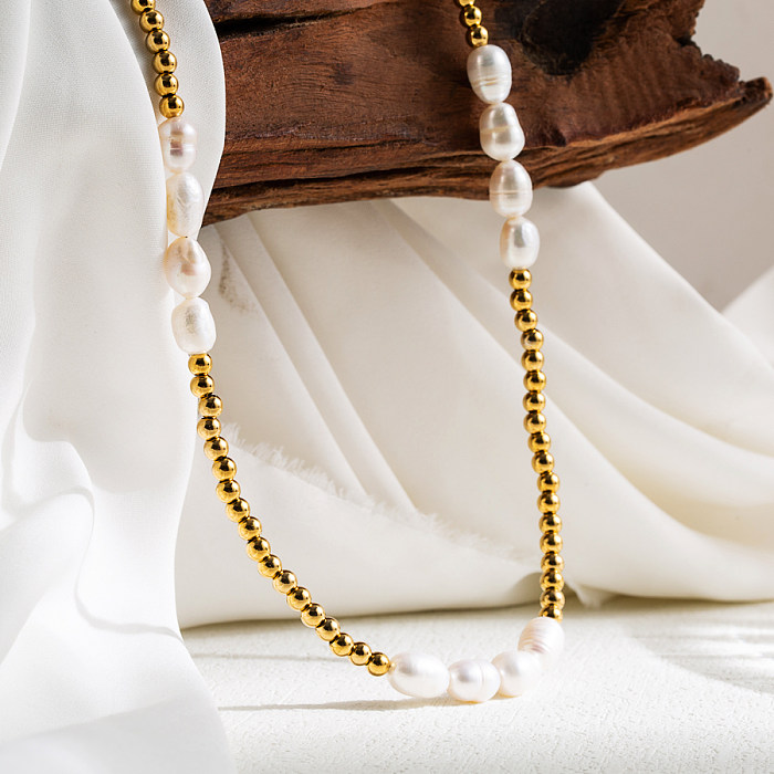 Collier ovale en perles d'eau douce en acier inoxydable, Style IG, fait à la main, plaqué or 18 carats