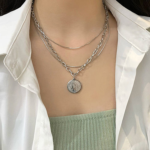 Vacation Solid Color Stainless Steel  Alloy Plating Chain Hollow Out Silver Plated Layered Necklaces