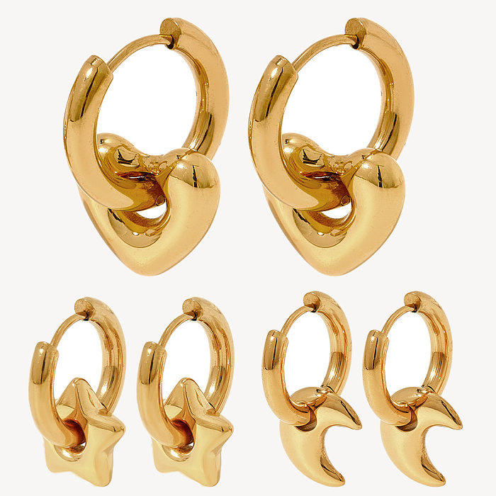 1 paire de boucles d'oreilles plaquées or 18 carats en acier inoxydable avec étoile et lune de style moderne