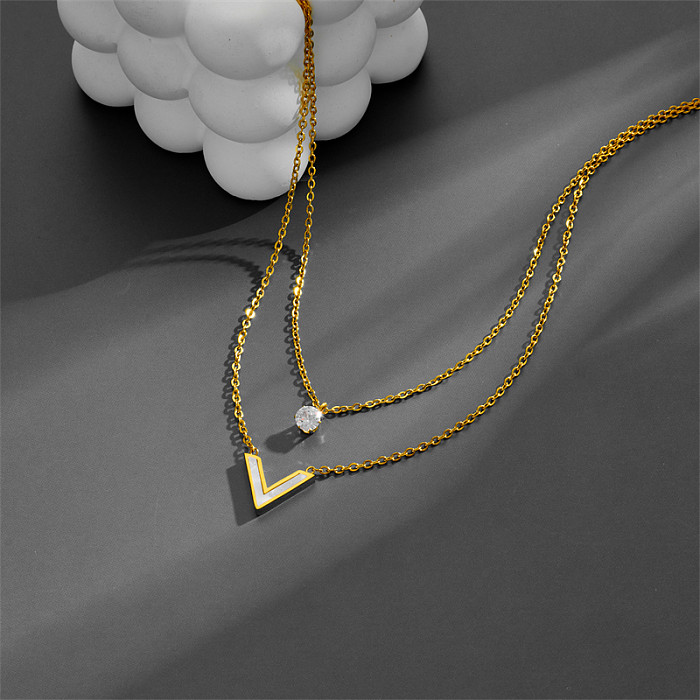 Simple Style V Shape Stainless Steel Inlay Shell Zircon 18K Gold Plated Layered Necklaces