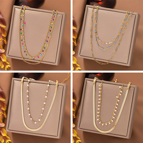 Lässige, runde, mehrschichtige Halsketten aus Edelstahl mit Emaille-Perlenbeschichtung im IG-Stil