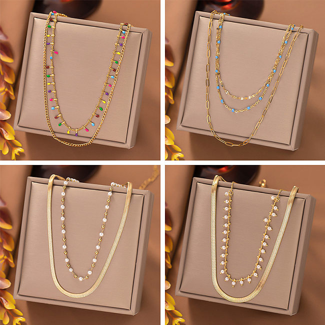 IG Style Casual Round Stainless Steel Enamel Pearl Plating Layered Necklaces