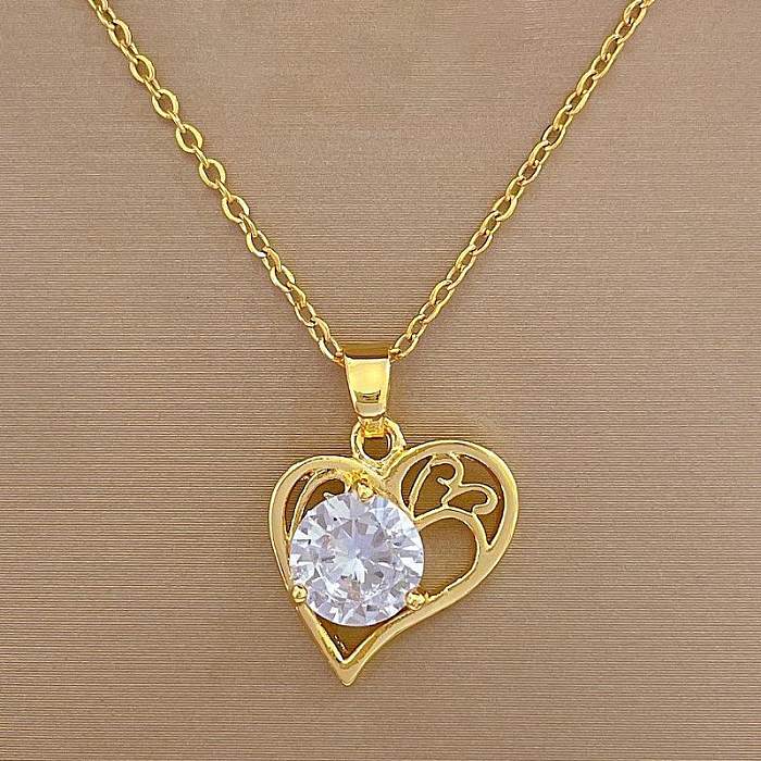 Simple Style Heart Shape Stainless Steel  Copper Zircon Pendant Necklace In Bulk