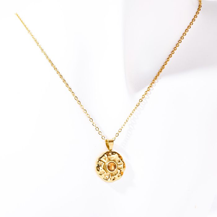 Simple Style Round Stainless Steel Plating Inlay Birthstone 18K Gold Plated Pendant Necklace
