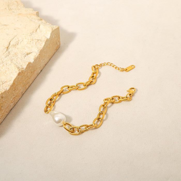 Atacado estilo simples geométrico titânio aço 18K pulseiras de pérolas artificiais banhadas a ouro