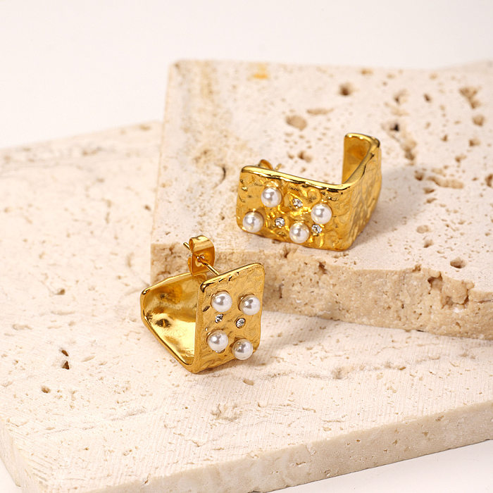 1 Pair IG Style Casual Square Plating Inlay Stainless Steel  Pearl Zircon 18K Gold Plated Ear Studs