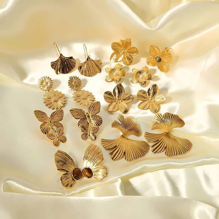 1 Paar Ohrstecker im modernen Stil, Blume, Schmetterling, Ginkgoblatt, Polierbeschichtung, Edelstahl, 18 Karat vergoldet