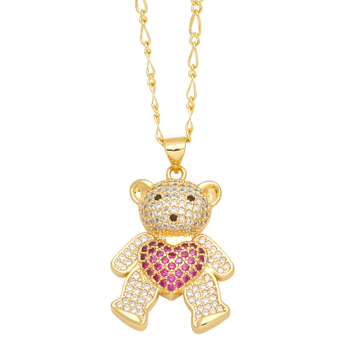 Cute Little Bear Heart Shape Stainless Steel  Copper Plating Inlay Zircon 18K Gold Plated Pendant Necklace