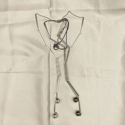 Collier Long en acier inoxydable, Style Simple, couleur unie, placage de perles, incrustation de strass, plaqué argent, chaîne de pull