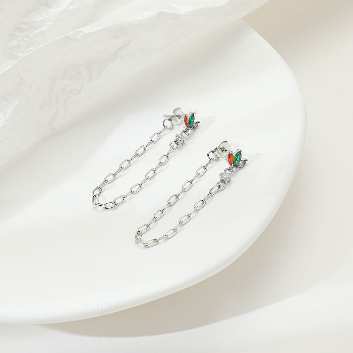 1 paire de boucles d'oreilles pendantes avec incrustation de pampilles en forme de fleur de Shamrock, en acier inoxydable, Zircon, plaqué or blanc, plaqué or