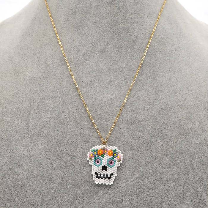 Halloween Color Beaded Skull Pendant Stainless Steel  Necklace Wholesale jewelry