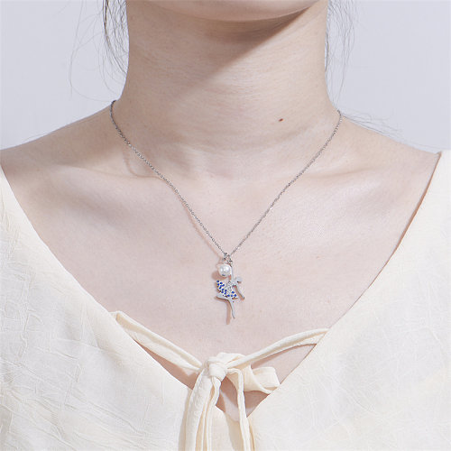 Collier avec pendentif en Zircon pour fille, Style Simple, en acier inoxydable, Imitation de perles, incrustation de perles