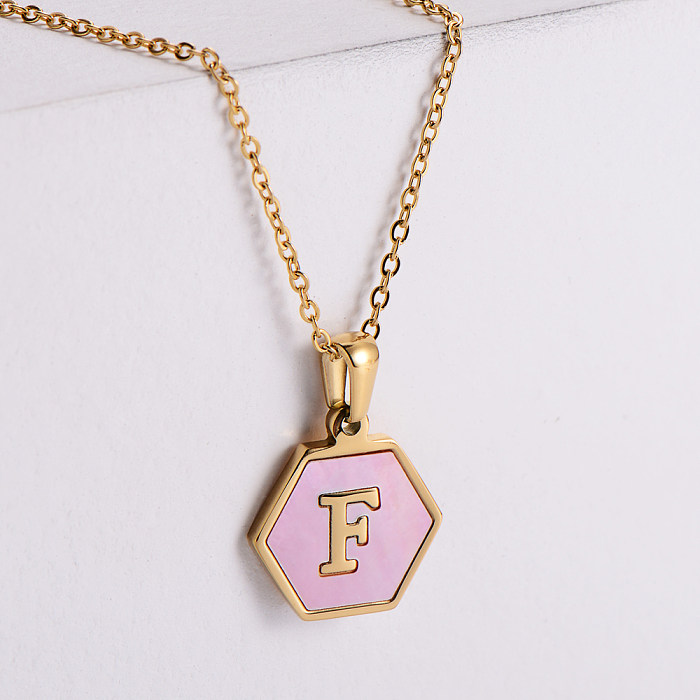 18k Gold Stainless Steel  Pendant Inlaid Pink Shell Letter Necklace