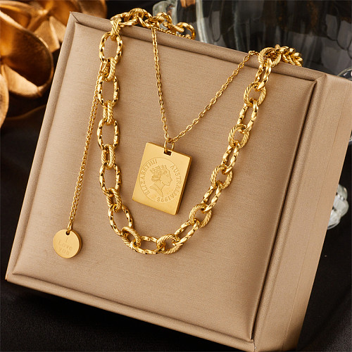 Retro Portrait Stainless Steel Gold Plated Layered Necklaces 1 Piece
