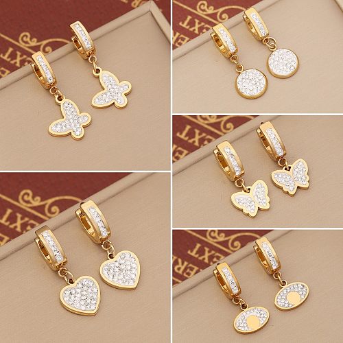 1 paire de boucles d'oreilles pendantes en forme de cœur papillon plaqué acier inoxydable Zircon