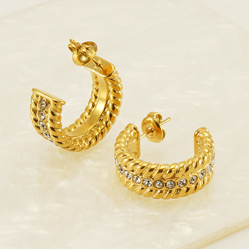 1 Pair Modern Style Simple Style C Shape Plating Inlay Stainless Steel  Rhinestones 18K Gold Plated Ear Studs