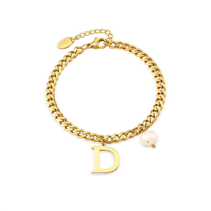 Fashion Letter D Pearl Plated 14K Gold  Pendant Titanium Steel Bracelet