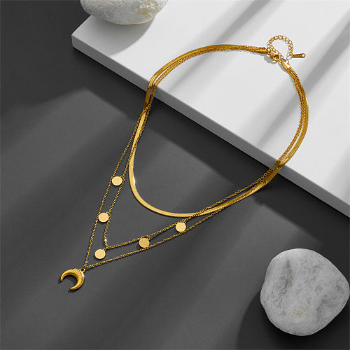 Elegante, moderne, mehrschichtige Halsketten mit rundem Mond und Edelstahlbeschichtung