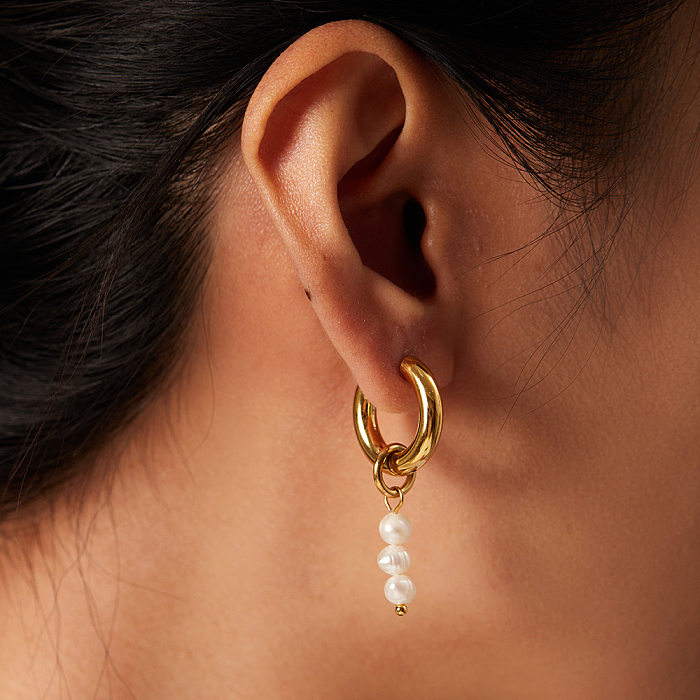 Boucles d'oreilles rétro géométriques en acier inoxydable plaqué or avec perles, 1 paire