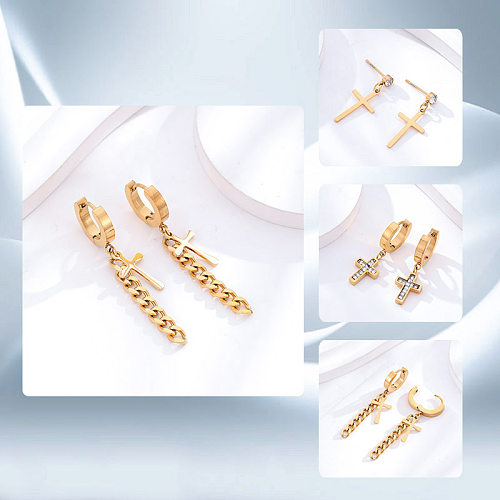 1 Pair Simple Style Cross Stainless Steel Inlay Rhinestones 24K Gold Plated Drop Earrings