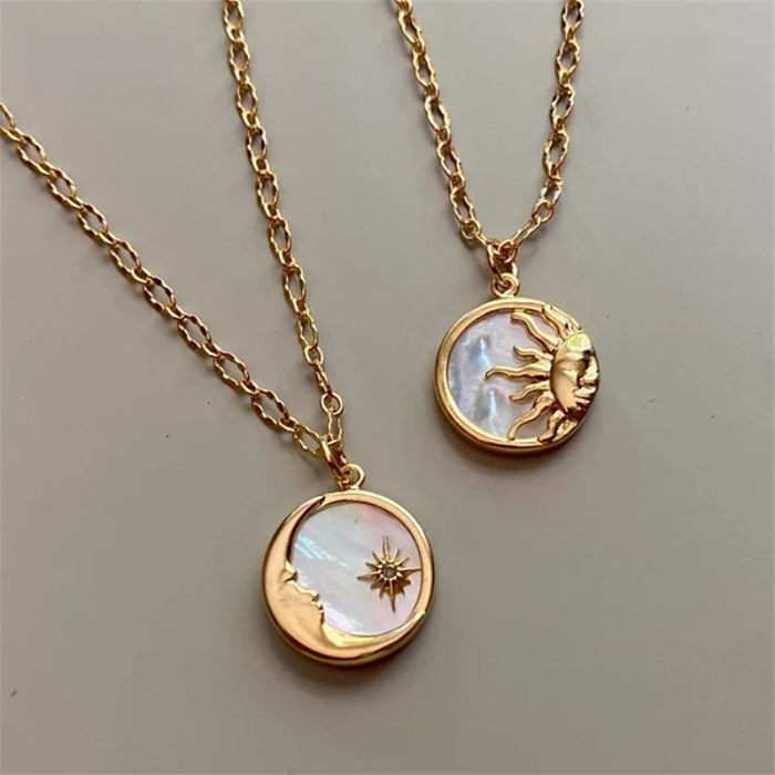 Ethnic Style Sun And Moon Totem Stainless Steel  Inlay Natural Fritillary Pendant Necklace