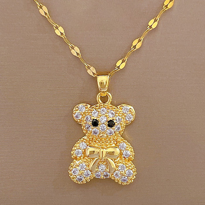Simple Style Bear Stainless Steel  Copper Inlay Zircon Pendant Necklace