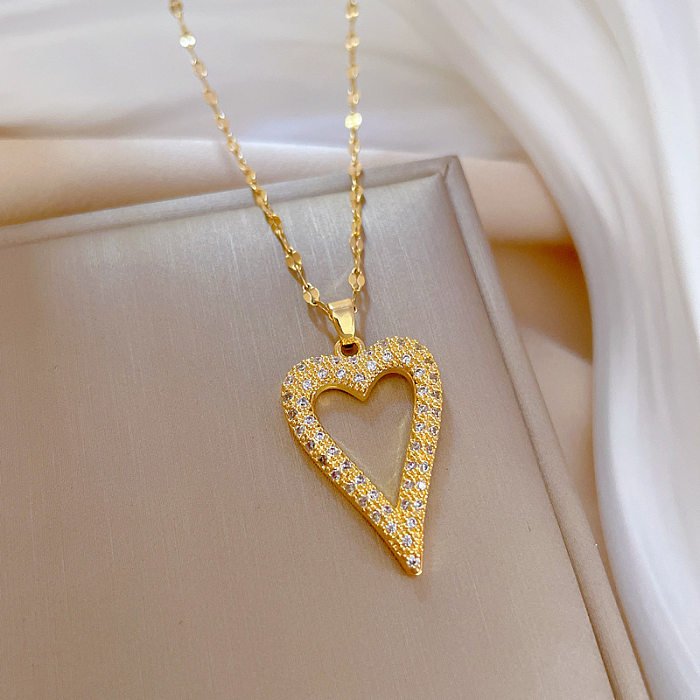 Fashion Heart Shape Stainless Steel  Copper Plating Artificial Diamond Pendant Necklace