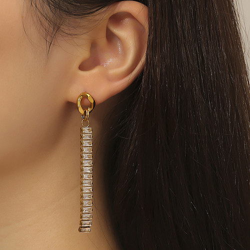 1 Paar lässige, elegante, luxuriöse, quadratische Inlay-Ohrringe aus Edelstahl mit Zirkon und 18 Karat vergoldet