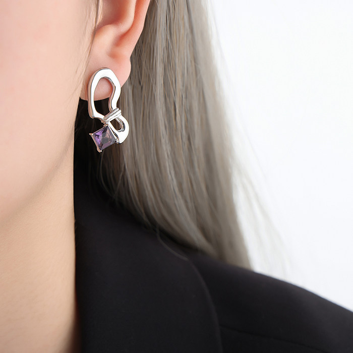 1 paire de boucles d'oreilles élégantes et luxueuses pour femmes, incrustation asymétrique géométrique en acier inoxydable et Zircon plaqué or 18 carats
