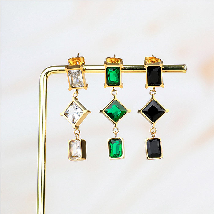 Boucles d'oreilles pendantes en acier inoxydable, Style Simple, incrustation carrée, Zircon plaqué or, 1 pièce