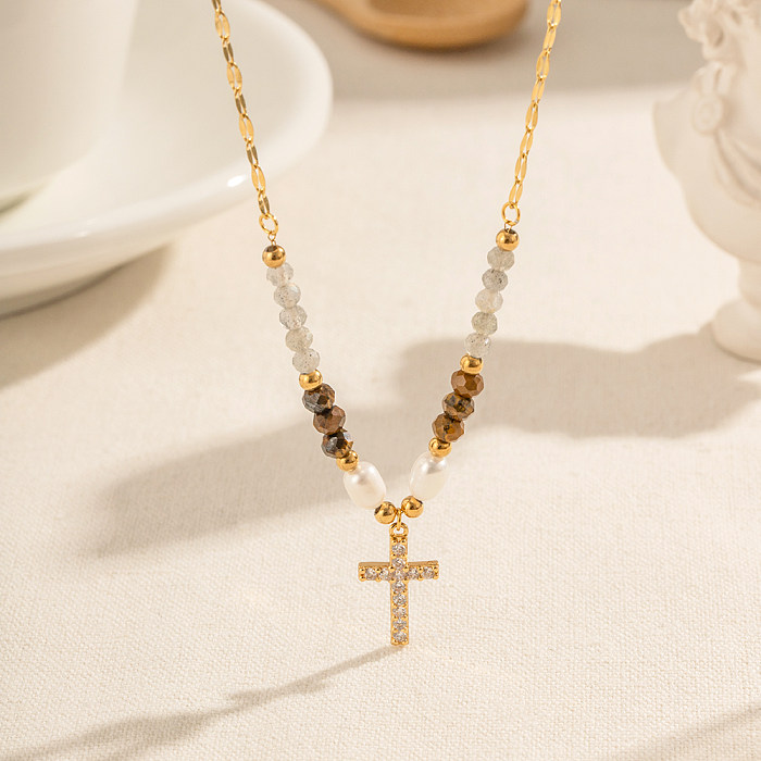 IG Style Casual Cross Stainless Steel  Beaded Plating Inlay Zircon 18K Gold Plated Pendant Necklace