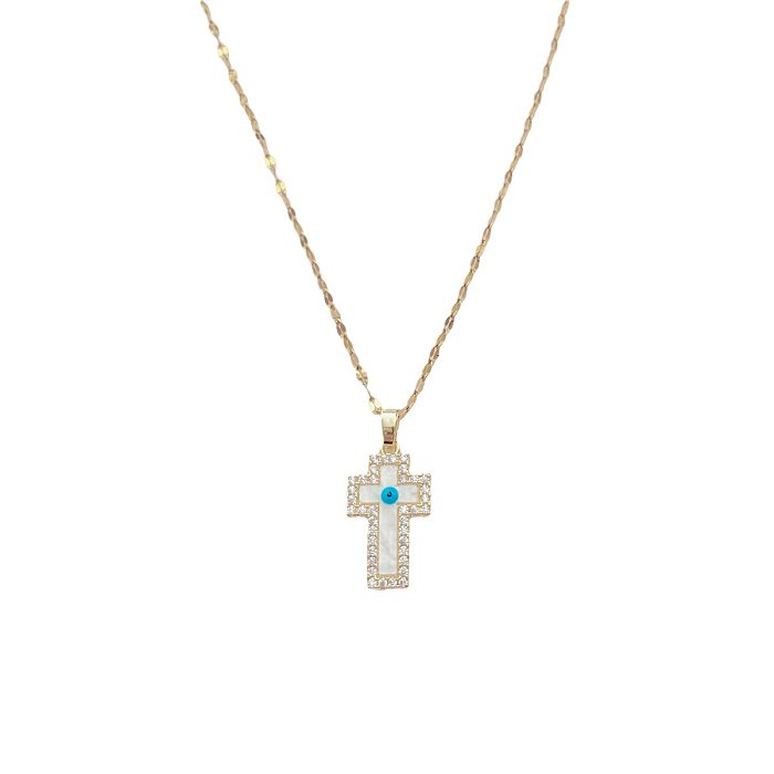 Modern Style Cross Stainless Steel  Copper Enamel Plating Inlay Shell Zircon Pendant Necklace