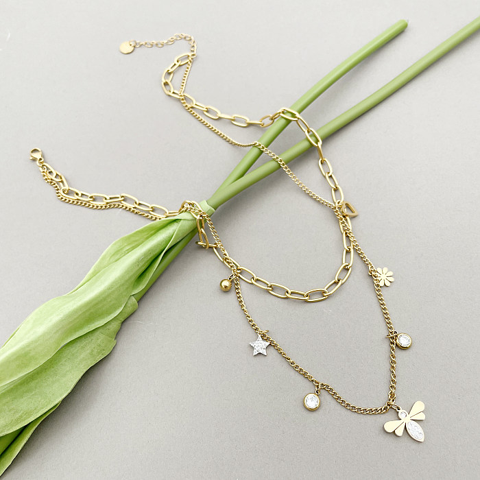 Simple Style Star Flower Bee Stainless Steel  Enamel Plating Inlay Zircon Gold Plated Layered Necklaces