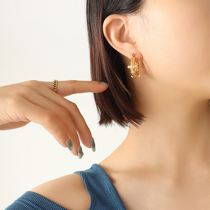 Boucles d'oreilles rétro géométriques en forme de U incrustées de perles et de Zircon en acier inoxydable